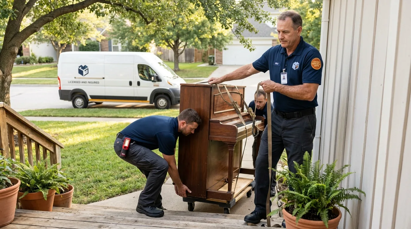 Licensed piano movers securing grand piano in Bolingbrook, IL